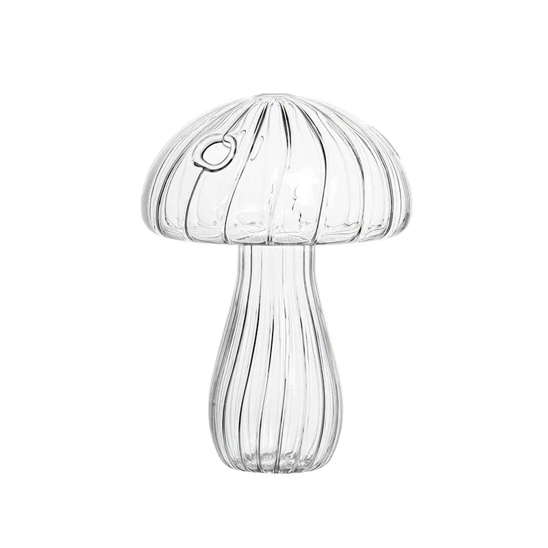 Transparent jelly mushroom plastic vase with flower on shelf