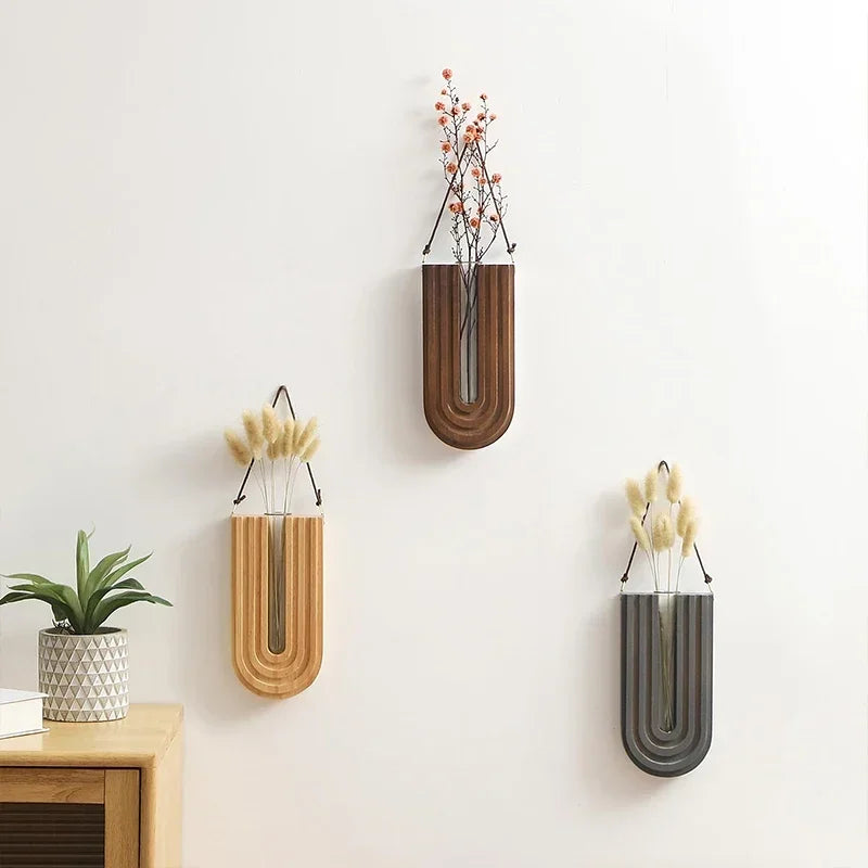 Wooden wall mounted hanging vase hydroponic plant rack home décor