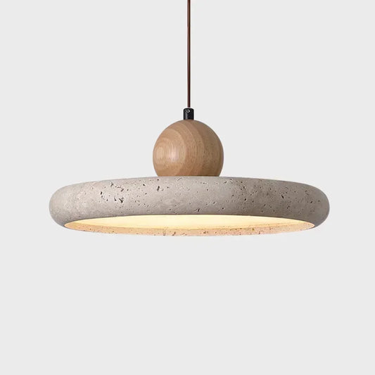 Retro travertine stone chandelier with a natural yellow stone disc shade