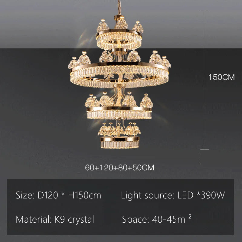 Postmodern crystal chandelier lit in cool white on plated iron