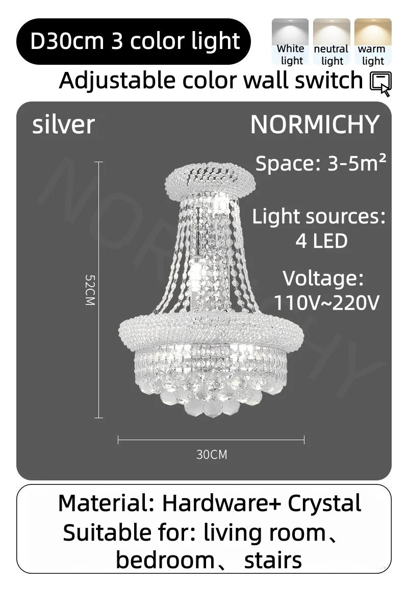 Gold crystal lobby chandelier with included LED bulbs and touch switch
