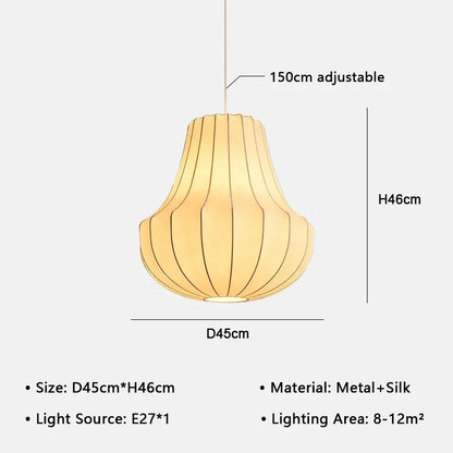 Silk chandelier shown lit in warm 3000K light through the weave