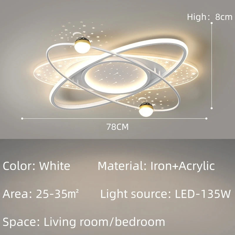 Blue metal starry chandelier shown lit with soft tricolor LED light