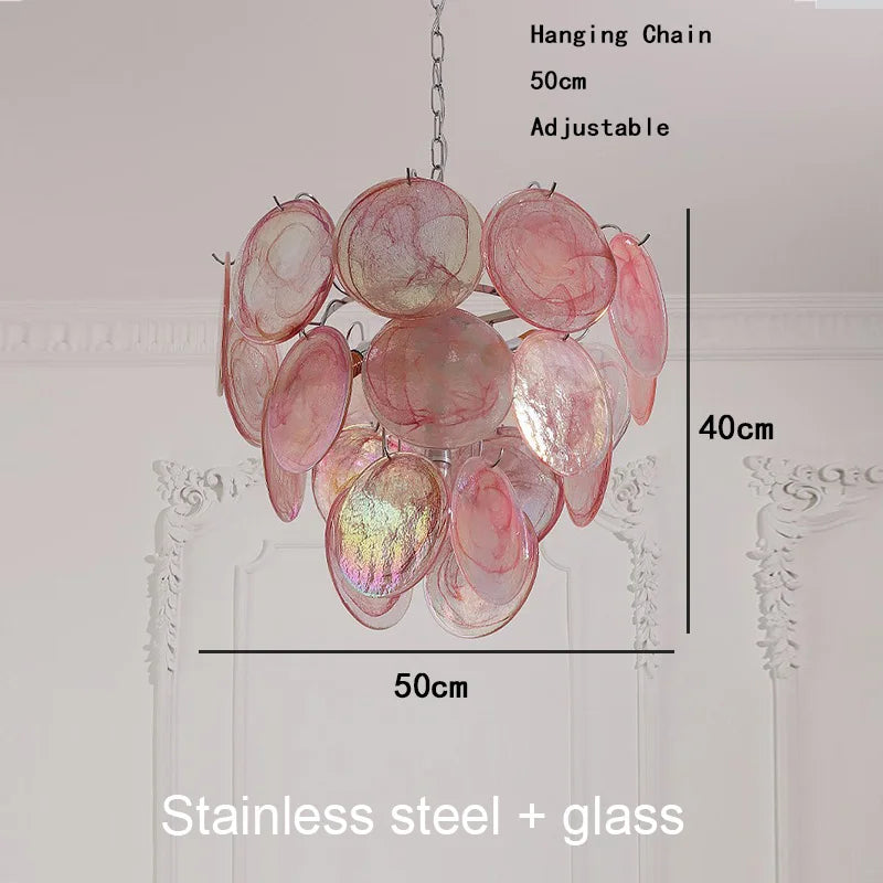 Glass disc chandelier, 29.5 by 41.3 inches, with stained glass shades