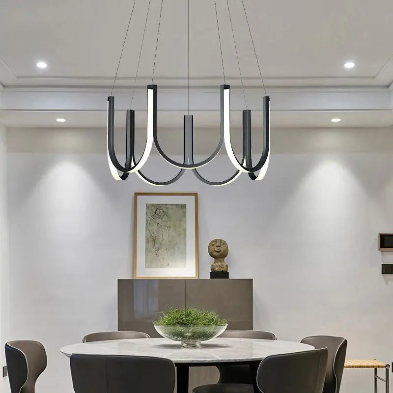 White U bar chandelier at 31.5 in diameter with remote dimming