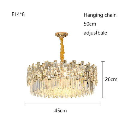 Oval crystal chandelier shown lit in warm white E14 LED light