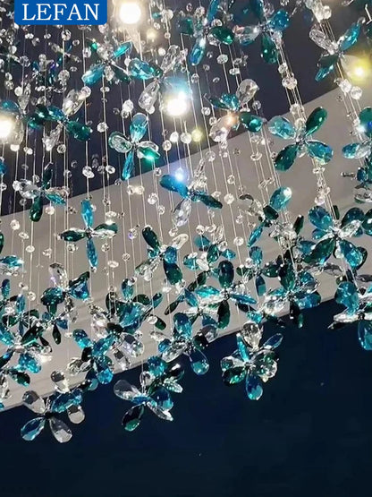 Crystal and forged iron frame detail on the oval chandelier