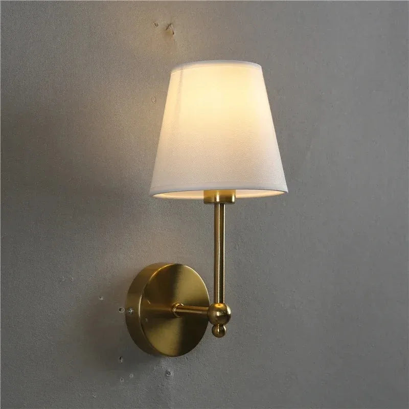 fabric shade bathroom wall sconce, front view on white background