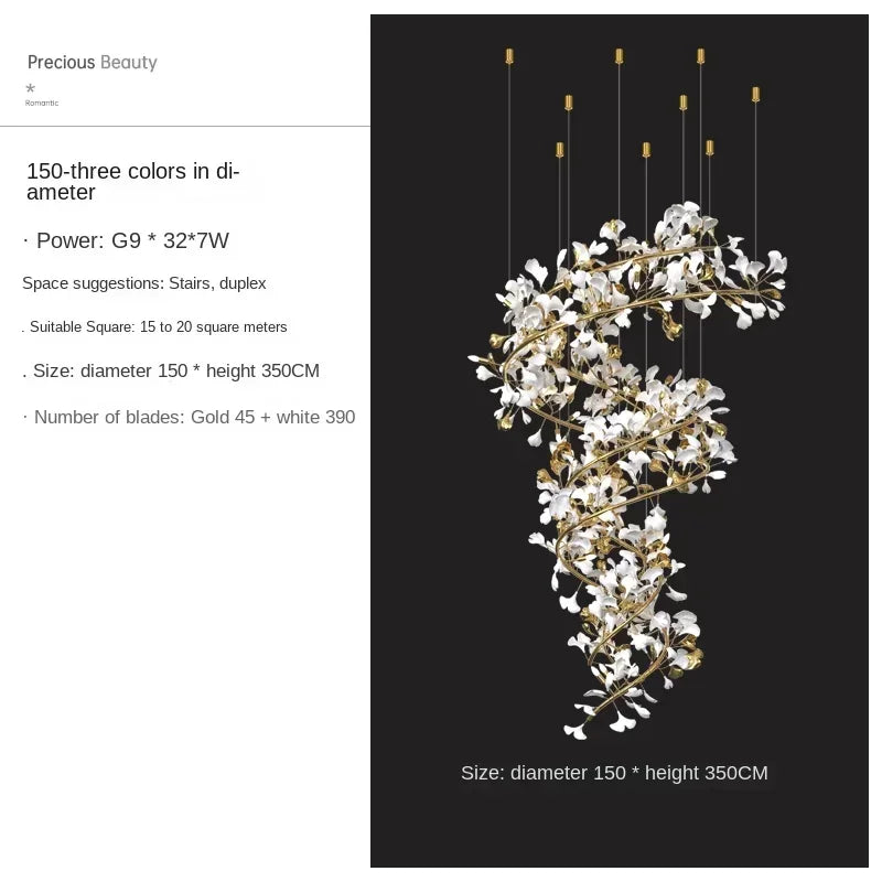 Ceramic ginkgo chandelier with cold white LED light and E14 lamp holders