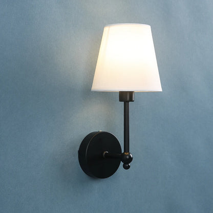 fabric shade bathroom wall sconce, close-up of shade and hardware detail