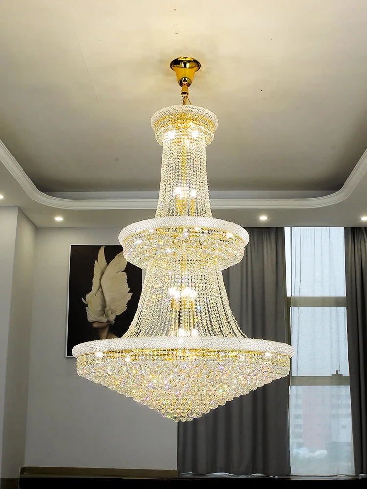 Three layer crystal chandelier at 31.5 in diameter in a gold finish