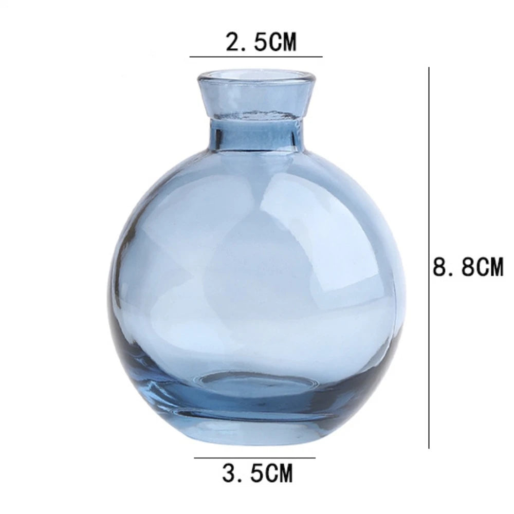 Compact mini glass hydroponic vase on contemporary bedroom shelf