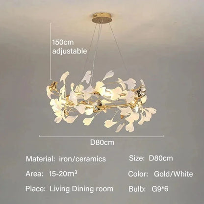 Long 59.1 in (150 cm) linear ginkgo leaf chandelier for dining tables