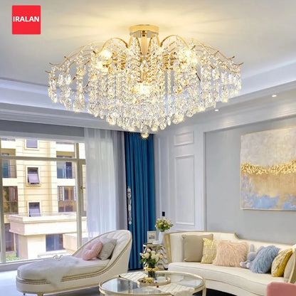 French golden crystal chandelier with clustered heads on a nickel frame