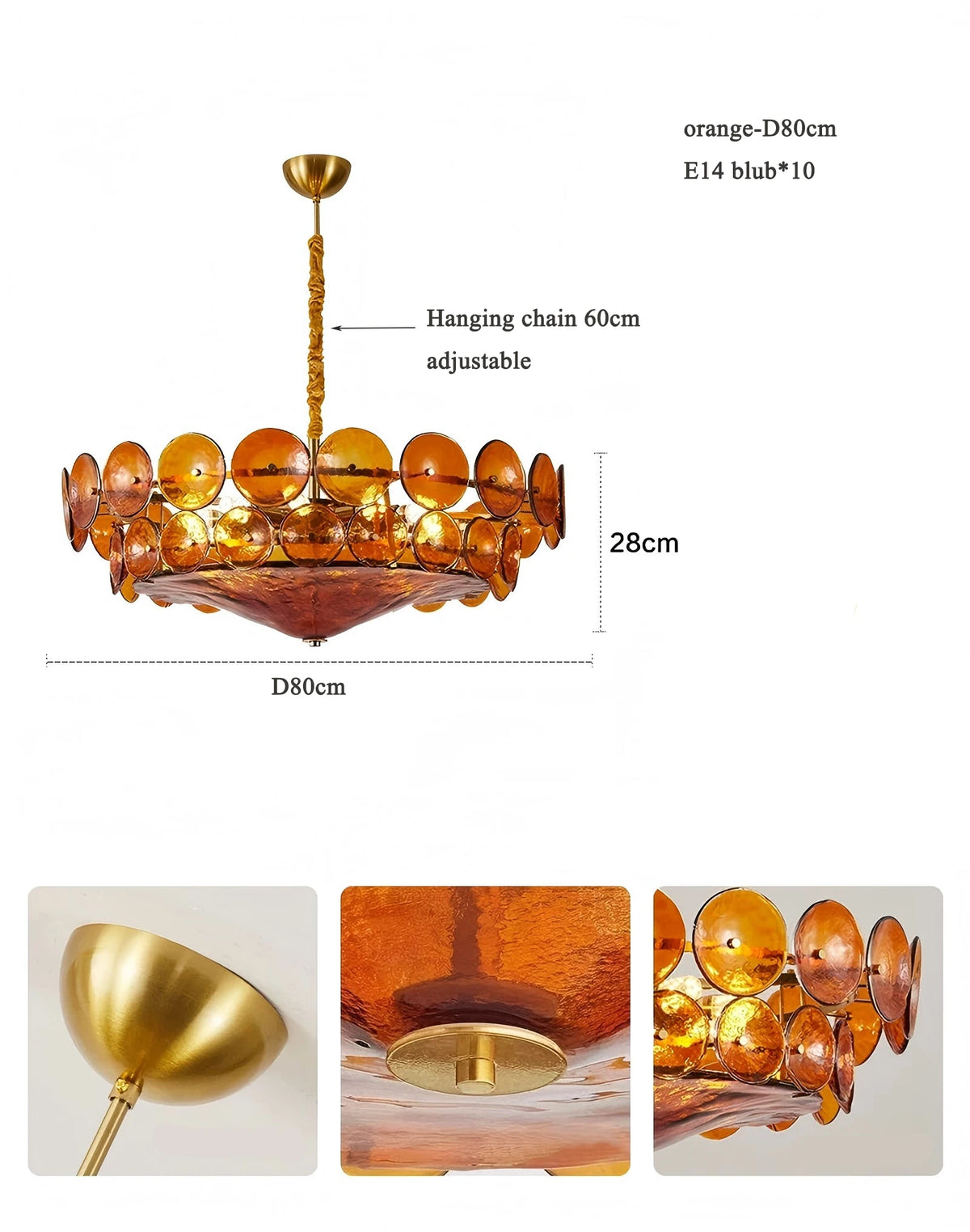 Orange handmade glass chandelier at 23.6 in diameter for bedrooms
