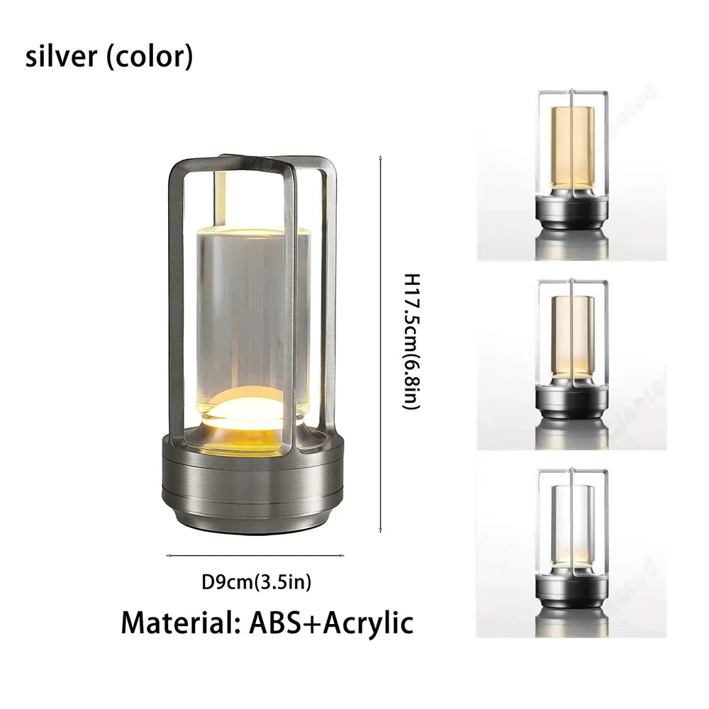 Silver LED night light illuminated in dim cozy bedroom environment
