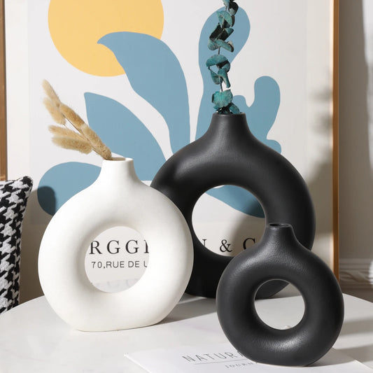 Nordic hollow donut ceramic vase large size on Scandi living room shelf display