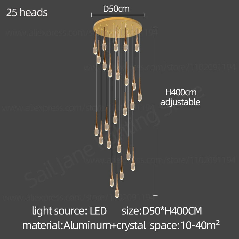 Crystal rod chandelier in gold with remote control and 90 to 260V operation