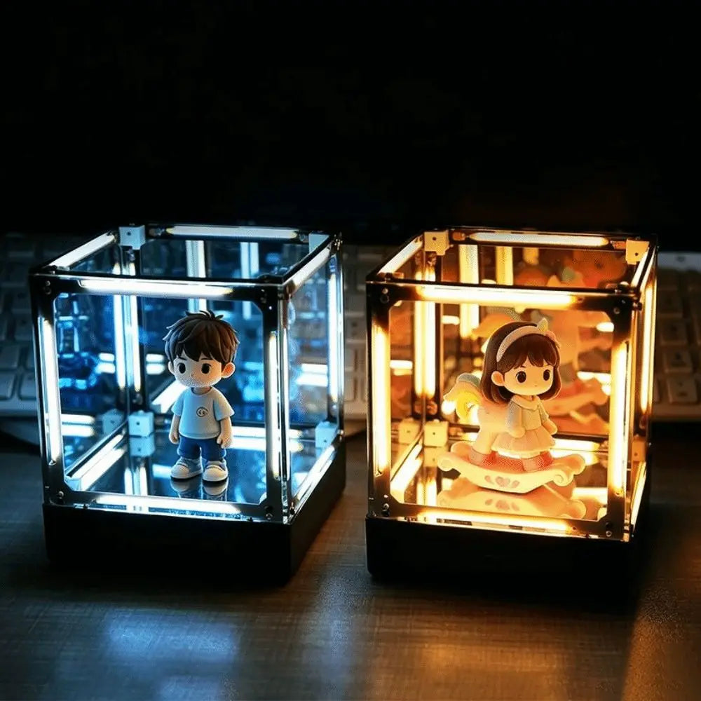 4D hypercube white square night light variant glowing on gaming desk