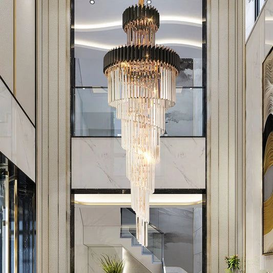 Layered crystal staircase chandelier with stacked tiers on a nickel frame