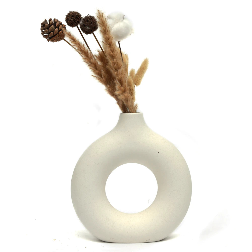 Nordic ceramic ring vase close-up of hollow donut form and white matte finish