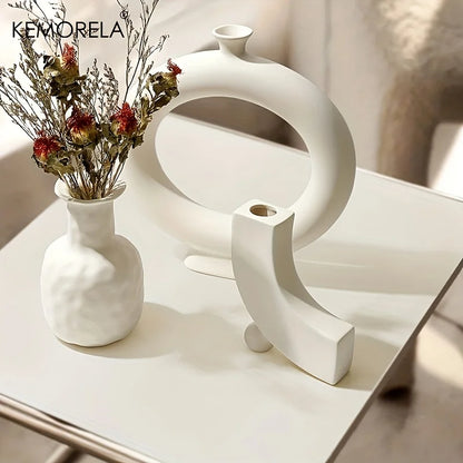 Style 2 hollow donut ceramic vase with natural stem through the ring opening