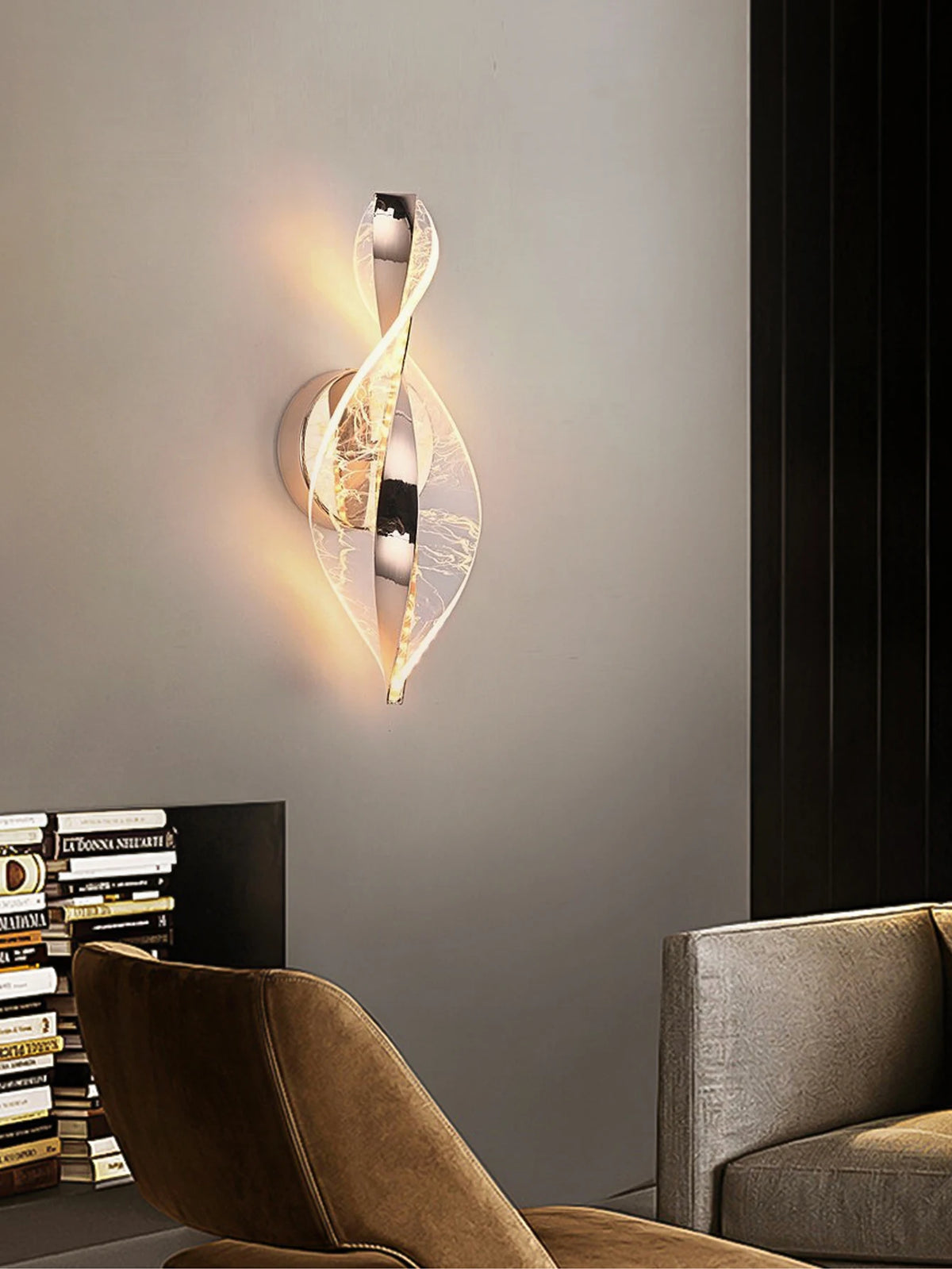 gold and black acrylic outdoor wall sconce, side profile showing mounting depth