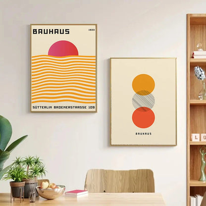 Framed Bauhaus geometric poster with primary color abstract circle design