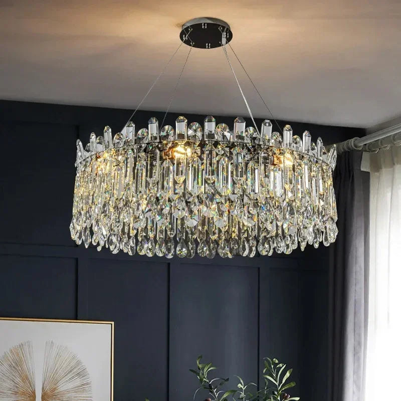 Brushed steel crystal ring chandelier in gold with eight E14 LED lights