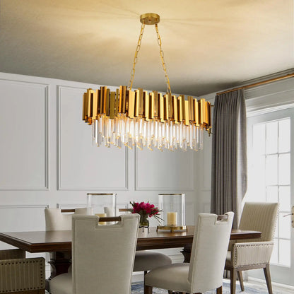 Oval crystal chandelier suspended on an adjustable gold chain, dimmable