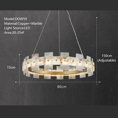 Dimmable marble and copper chandelier with cold light output