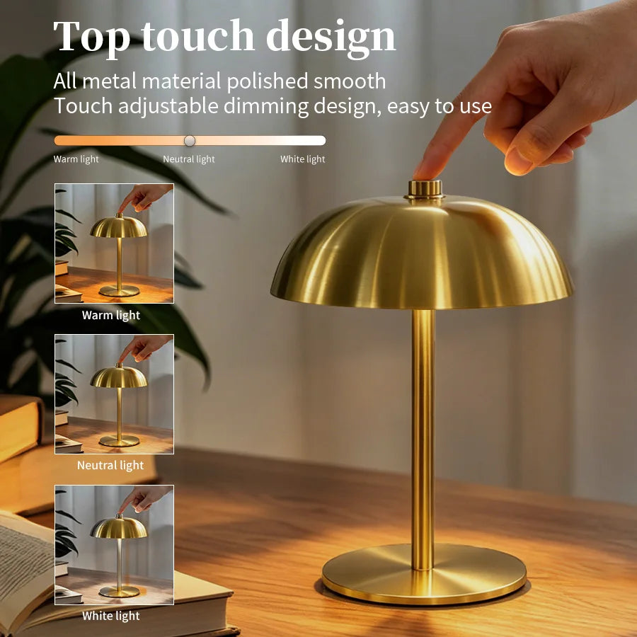 White mushroom touch lamp soft neutral light mode on study desk