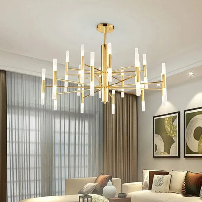 Geometric blooming metal chandelier in gold with radiating plated arms