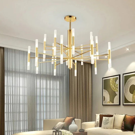 Geometric blooming metal chandelier in gold with radiating plated arms