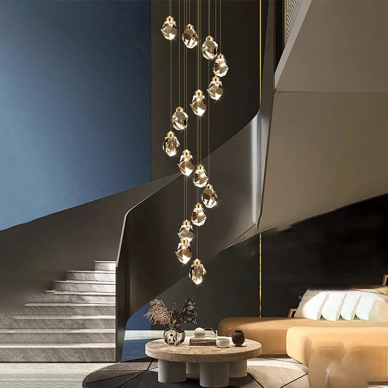 Crystal ring chandelier lit in warm white above a dining table