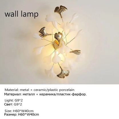 Ginkgo leaf wall lamp version with ceramic shade and gold metal arm