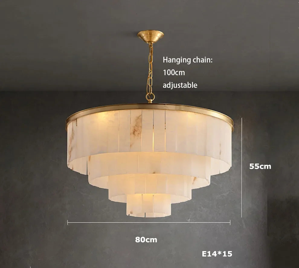 Twenty four light marble chandelier on polished stainless steel