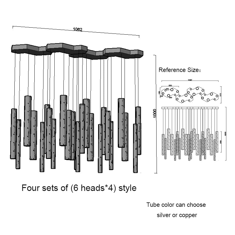 Bronze toned metal tube chandelier with acrylic inserts and cord mounting