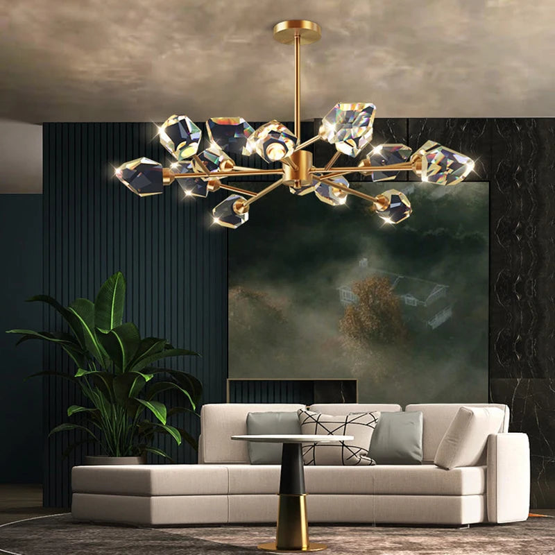 Crystal linear chandelier shown lit with warm white LED light along its metal bar