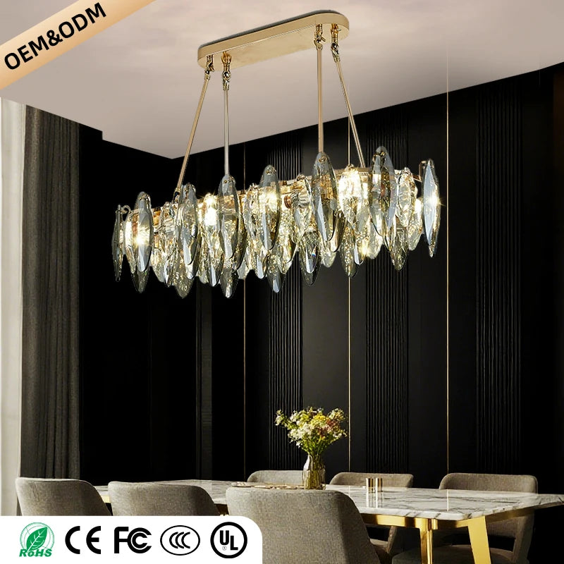 Crystal detail on a plated chandelier frame with integrated LED sources