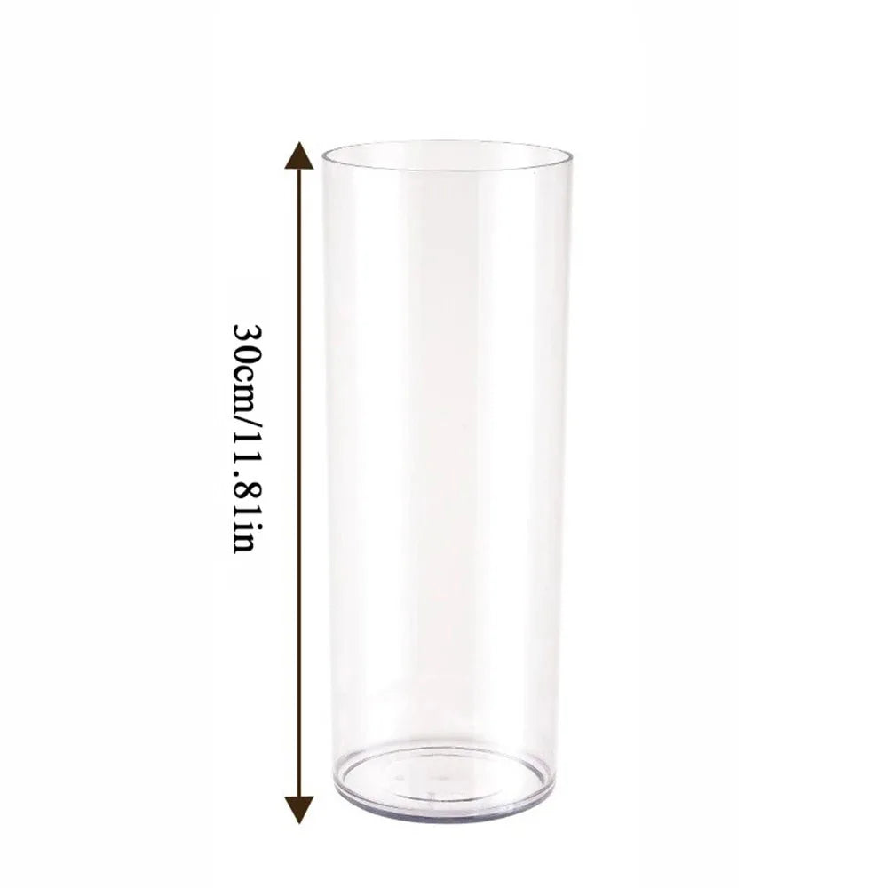 Clear acrylic cylinder vase with hydroponic plant stem in water