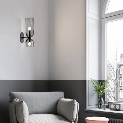 glass wall sconce, detail view of fixture base and arm