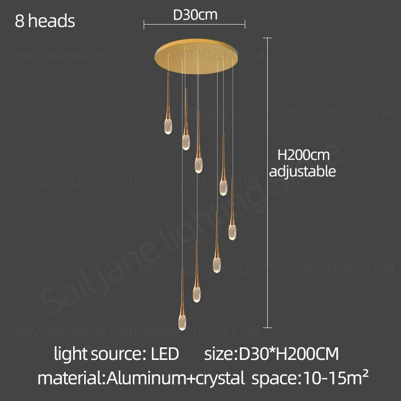Fifteen head crystal chandelier in gold measuring 19.7 by 118.1 inches