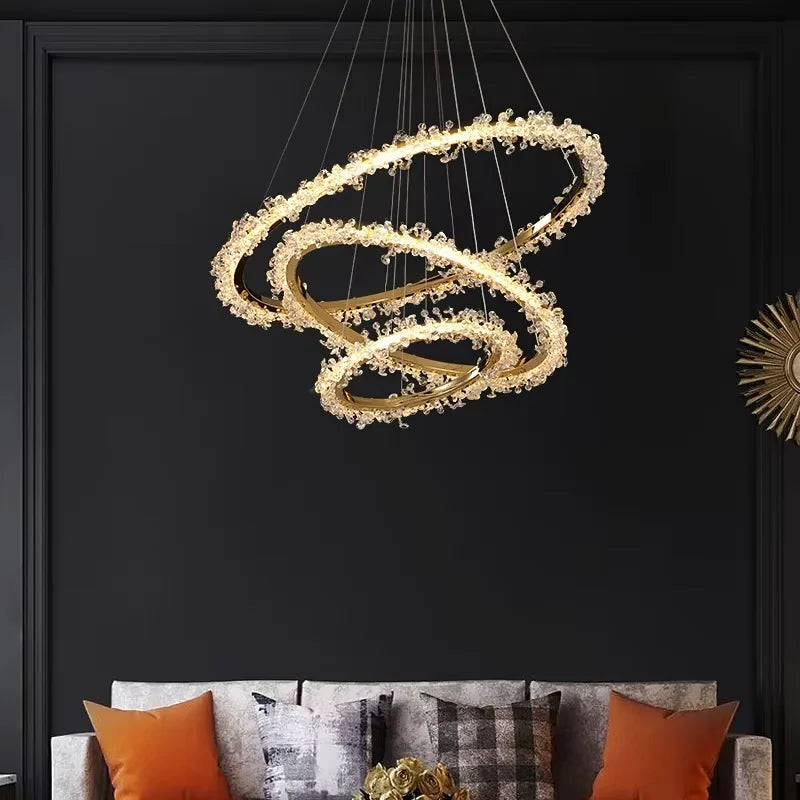 Polished chrome ring chandelier with three-color light, 90 to 260V
