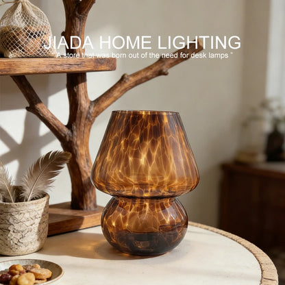 Top-down view of colorful mushroom lamp shade diffusing soft light