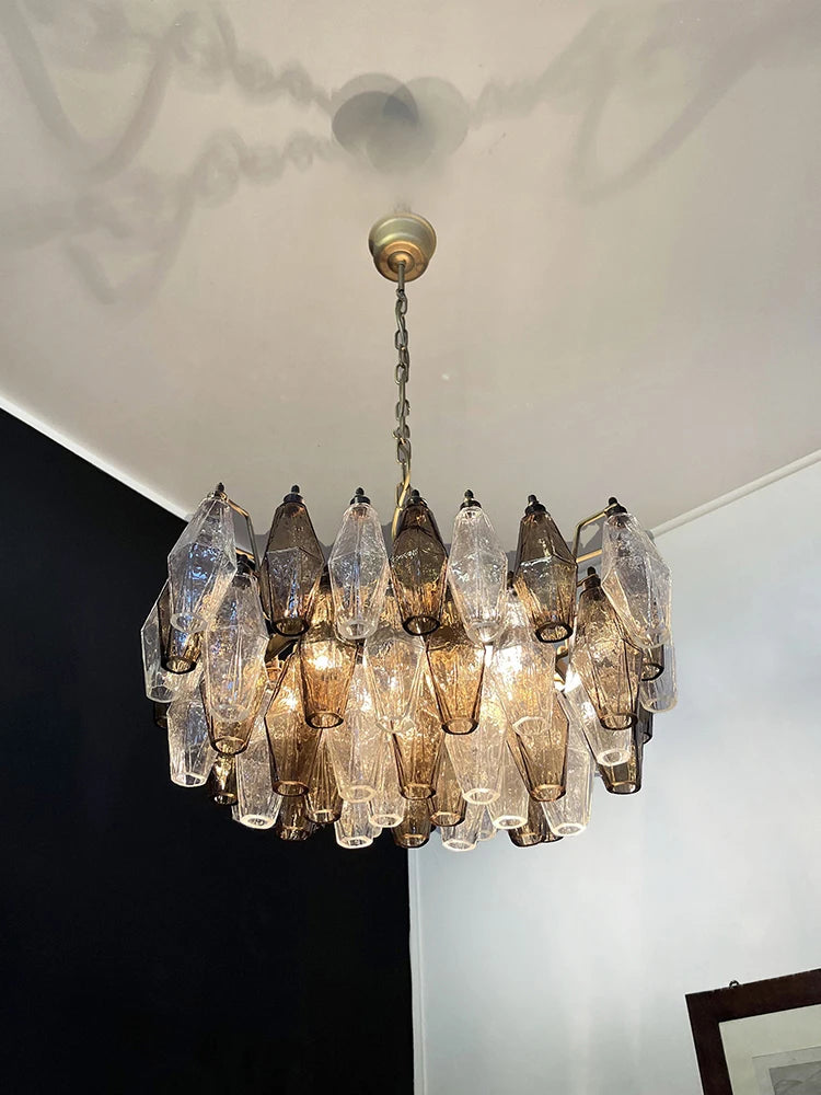 Postmodern glass chandelier sending light both upward and downward
