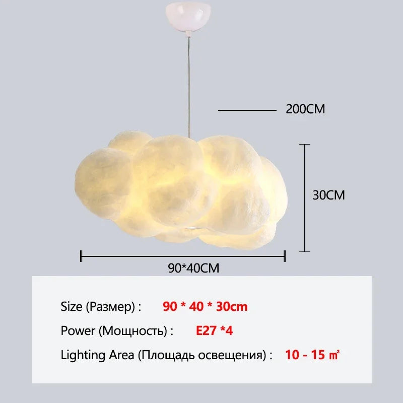 White cloud fabric chandelier assembled on a wrought iron structure