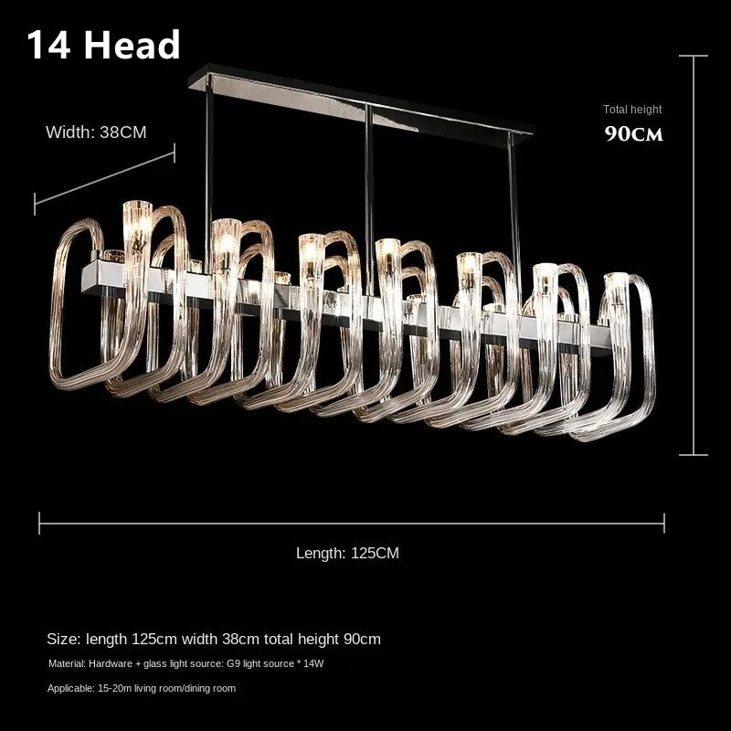 Linear U shaped glass chandelier at 41.3 in length with 12 heads