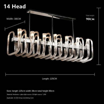 Linear U shaped glass chandelier at 41.3 in length with 12 heads