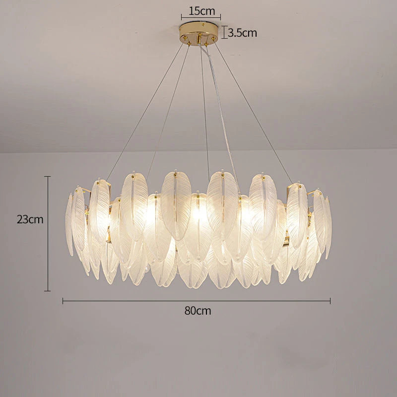 Feather glass chandelier lit in cold white 6000K LED light